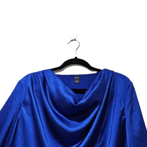 VINTAGE BLUE SATIN DRAPED NECK LONG SLEEVE BLOUSE   L - Picture 2 of 3
